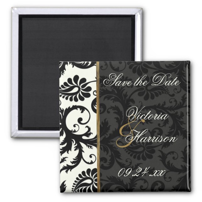 Ivory, Gold, and Black Damask Save the Date Magnet (Front)