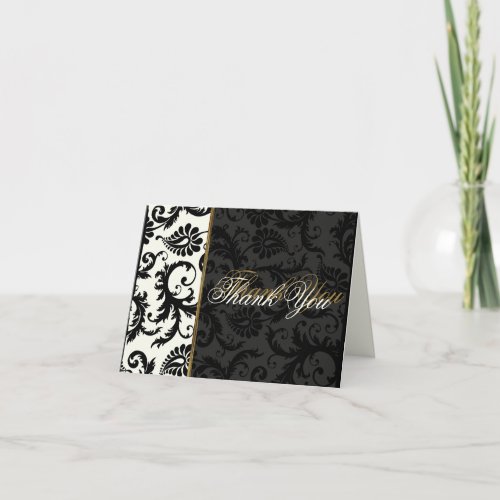 Ivory Gold and Black Damask Thank You Card