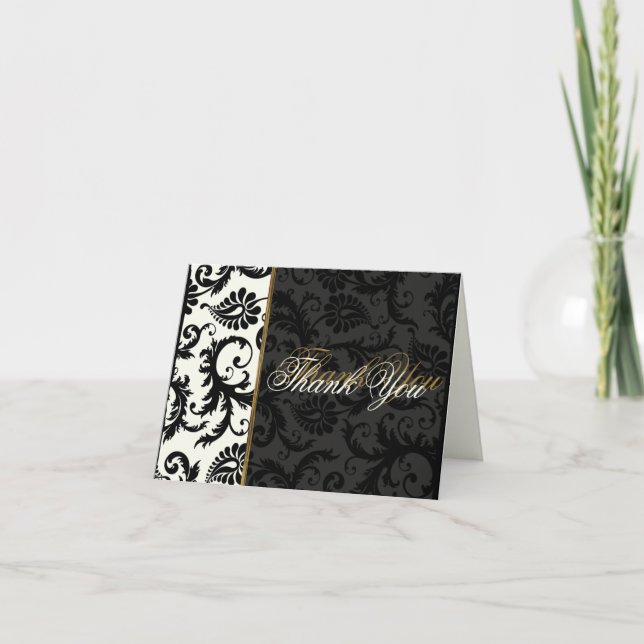 Ivory, Gold, and Black Damask Thank You Card (Front)