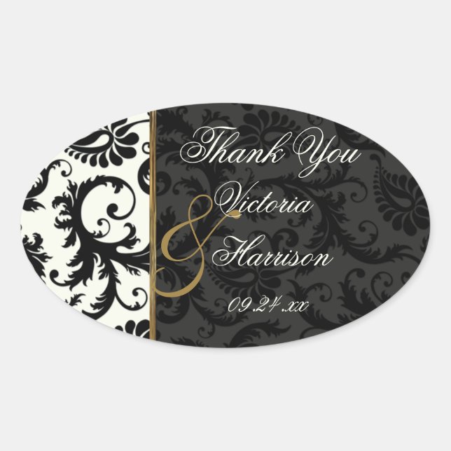 Ivory, Gold, and Black Damask Thank You Sticker (Front)