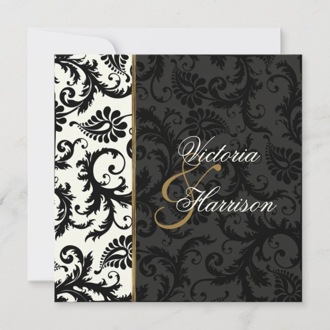 Ivory, Gold, and Black Damask Wedding Invitation (Front)