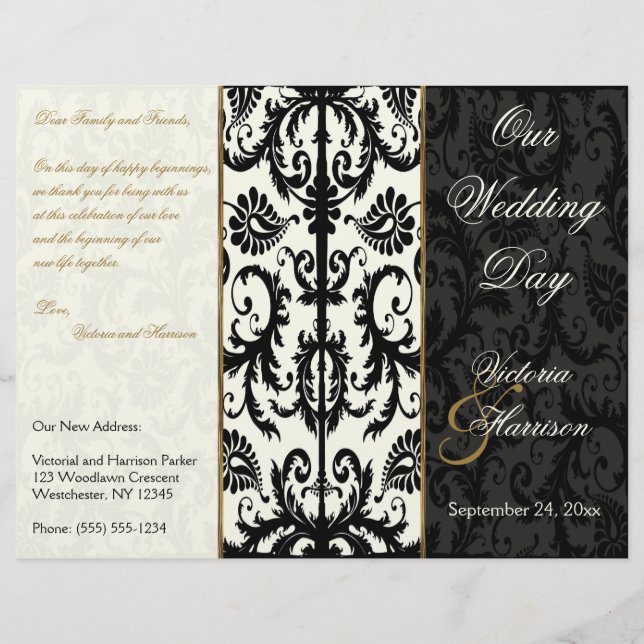 Ivory, Gold, and Black Damask Wedding Program (Front)