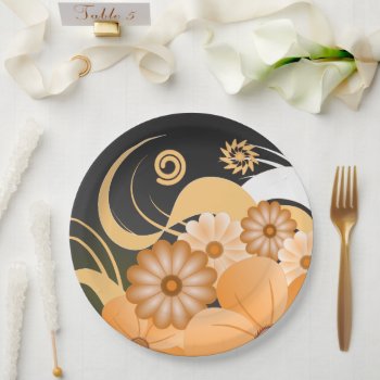 Ivory Gold And Black Hibiscus Floral Paper Plates by sunnymars at Zazzle
