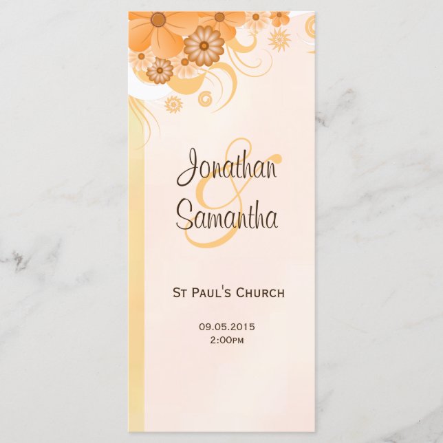 Ivory Gold and Peach Floral Slim Wedding Programs (Front)