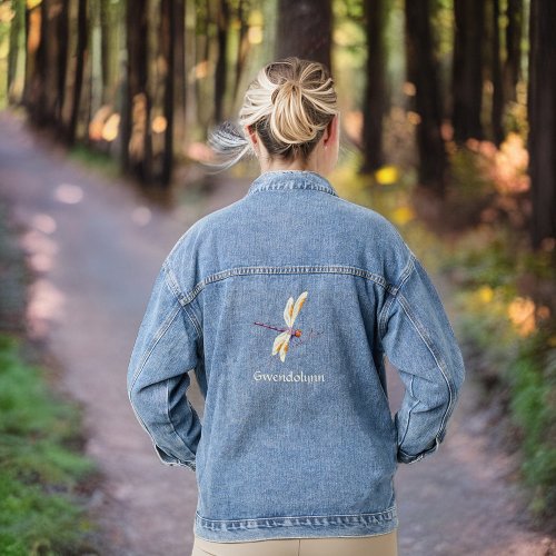 Ivory Gold and Purple Dragonfly with Monogram Name Denim Jacket