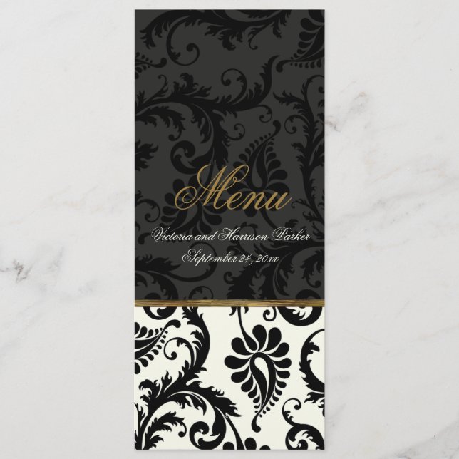 Ivory, Gold, Black Damask Wedding Menu Card (Front)