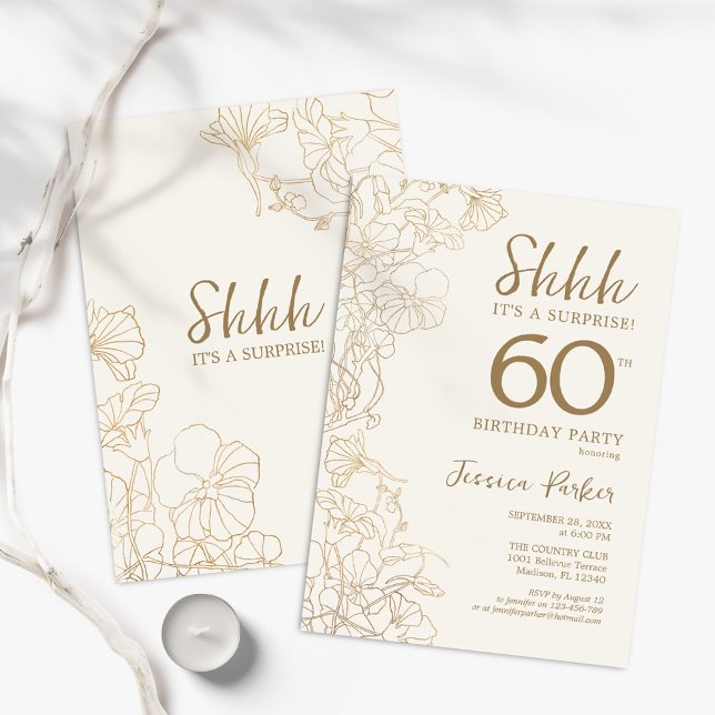 Ivory Gold Botanical Surprise 60th Birthday Invitation (Creator Uploaded)