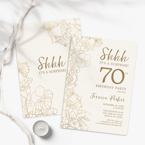 Ivory Gold Botanical Surprise 70th Birthday Invitation