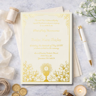 Ivory Gold Chalice and Host First Holy Communion Foil Invitation