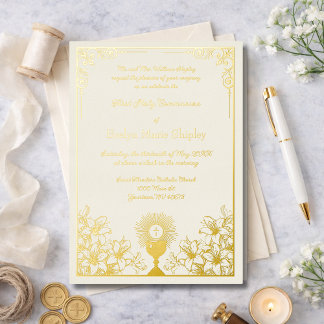 Ivory Gold Chalice and Host First Holy Communion Foil Invitation