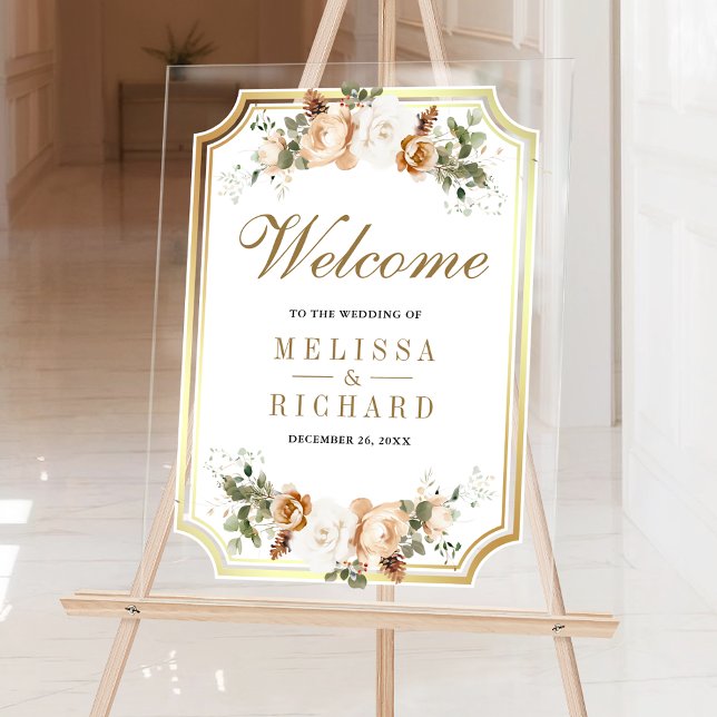 Ivory Gold Christmas Floral Wedding Welcome Acrylic Sign (Creator Uploaded)