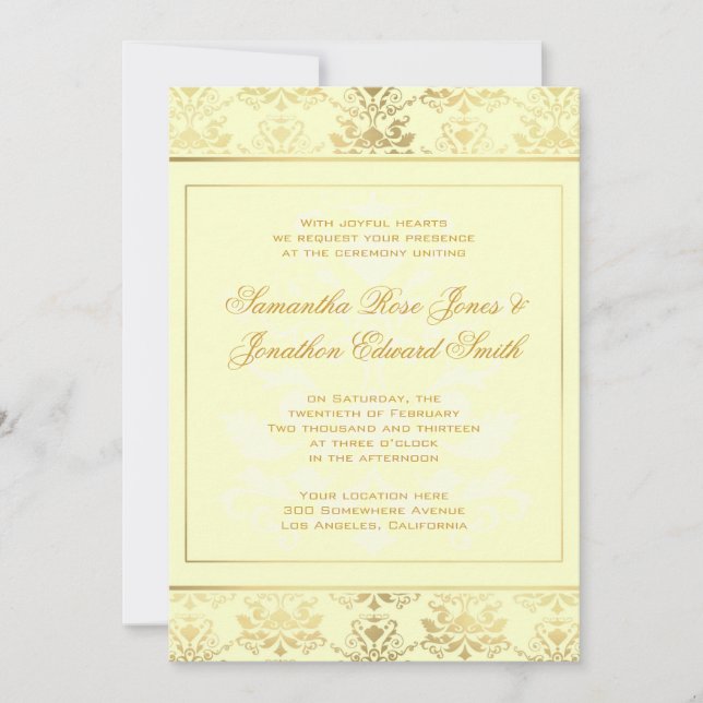 Ivory & Gold Damask Wedding Invitation (Front)