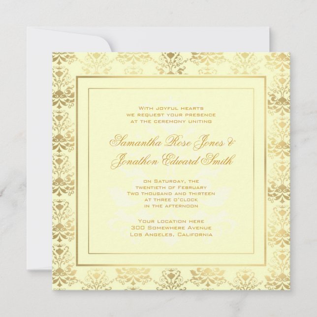 Ivory & Gold Damask Wedding Invitation (Front)
