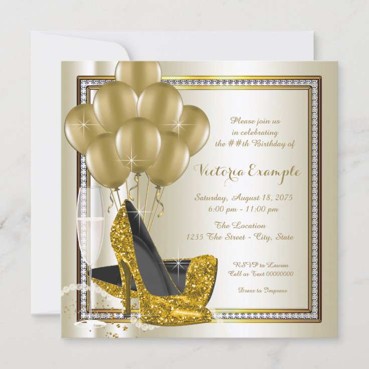 Ivory Gold Diamond High Heel Shoe Birthday Party Invitation | Zazzle