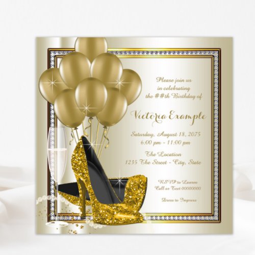 Ivory Gold Diamond High Heel Shoe Birthday Party Invitation