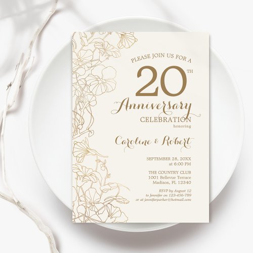 Ivory Gold Floral 20th Anniversary Invitation