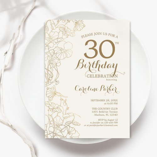 Ivory Gold Floral 30th Birthday Party Invitation