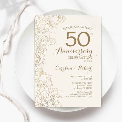 Ivory Gold Floral 50th Anniversary Invitation
