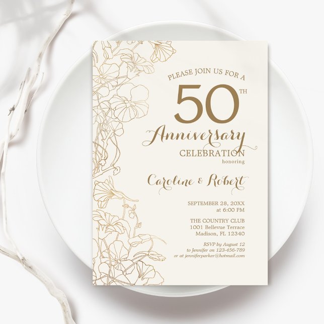 Ivory Gold Floral 50th Anniversary Invitation (Creator Uploaded)