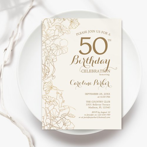 Ivory Gold Floral 50th Birthday Party Invitation