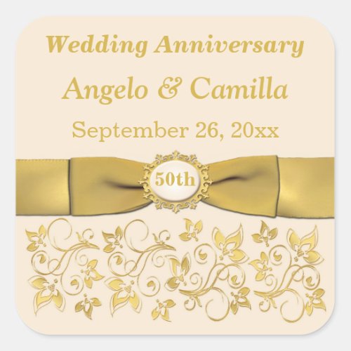 Ivory Gold Floral 50th Wedding Anniversary Sticker