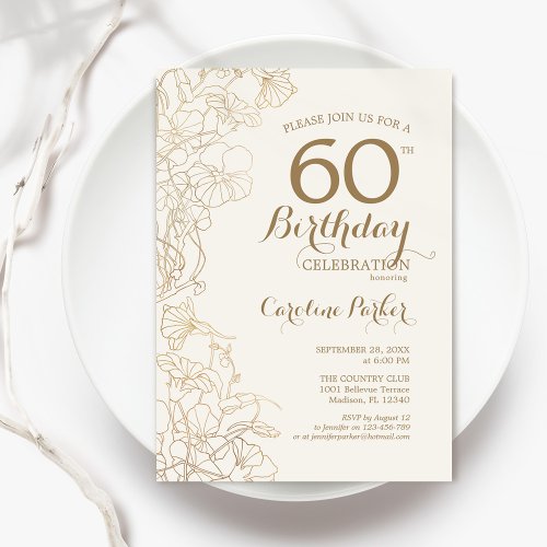 Ivory Gold Floral 60th Birthday Party Invitation