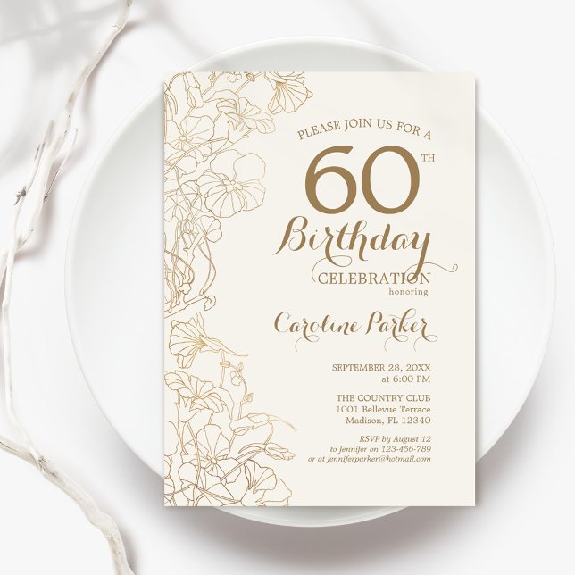Ivory Gold Floral 60th Birthday Party Invitation (Creator Uploaded)