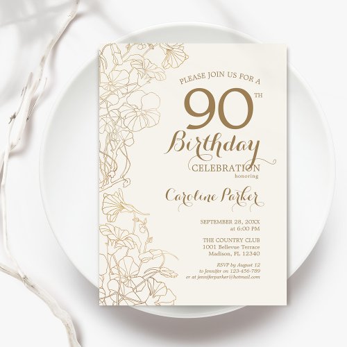 Ivory Gold Floral 90th Birthday Party Invitation