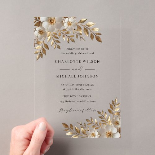Ivory Gold Floral Bloom Acrylic Wedding Invitations
