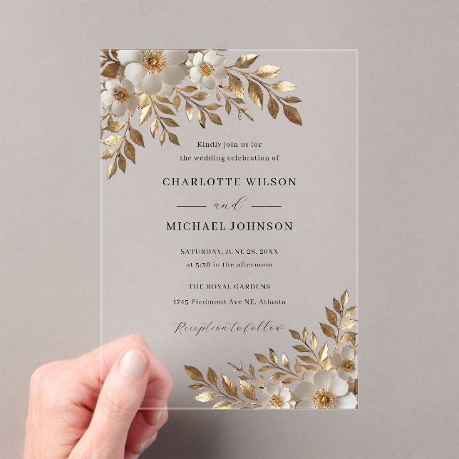Ivory Gold Floral Bloom Acrylic Wedding  Invitations (Insitu (Handheld))