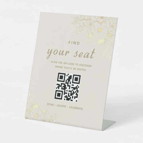 Ivory Gold Floral Find Your Seat QR Code Pedestal Sign
