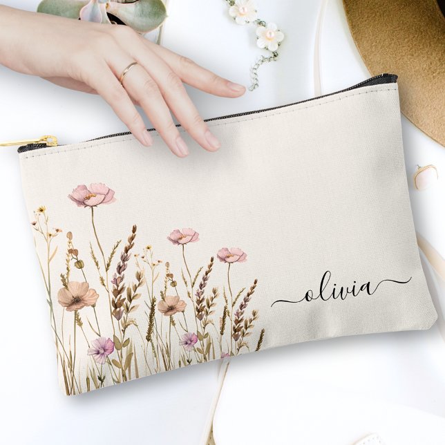 Ivory Gold Floral Name Monogram Accessory Pouch (Creator Uploaded)