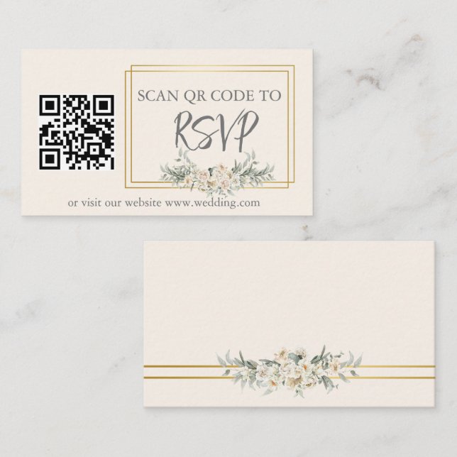Ivory Gold Floral RSVP QR Code Wedding Website Enclosure Card (Front/Back)