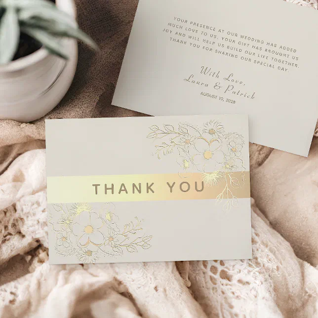 Ivory Gold Floral Wedding Thank You Card | Zazzle