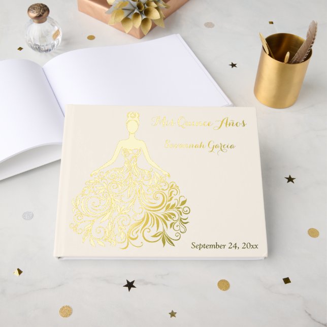 Ivory, Gold FOIL Silhouette Quinceañera Guest Book (Front Open)