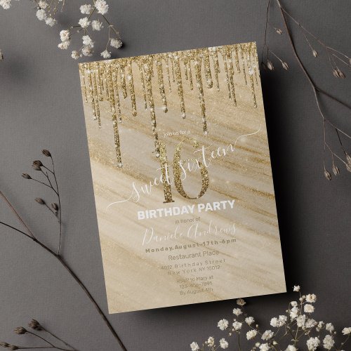 Ivory Gold Glitter Drips Marble Luxury Sweet 16 Invitation