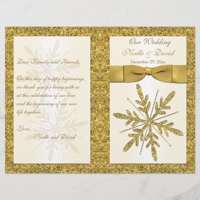 Ivory & Gold Glitter Snowflakes Wedding Program (Front)