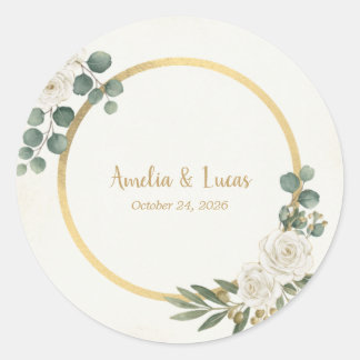 Ivory Gold Greenery Wedding Elegant Classic Round Sticker
