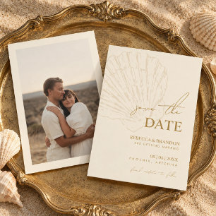 Ivory & Gold Hand Drawn Coastal Seashell Wedding Save The Date