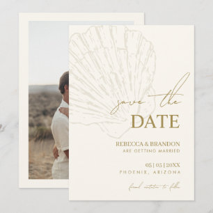 Ivory & Gold Hand Drawn Coastal Seashell Wedding Save The Date