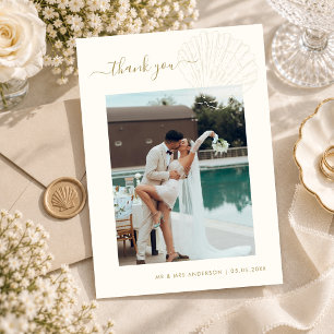 Ivory & Gold Hand Drawn Seashell Photo Wedding Thank You Card