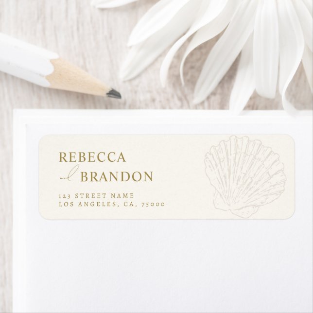 Ivory & Gold Hand Drawn Seashell Wedding Address Label (Insitu)