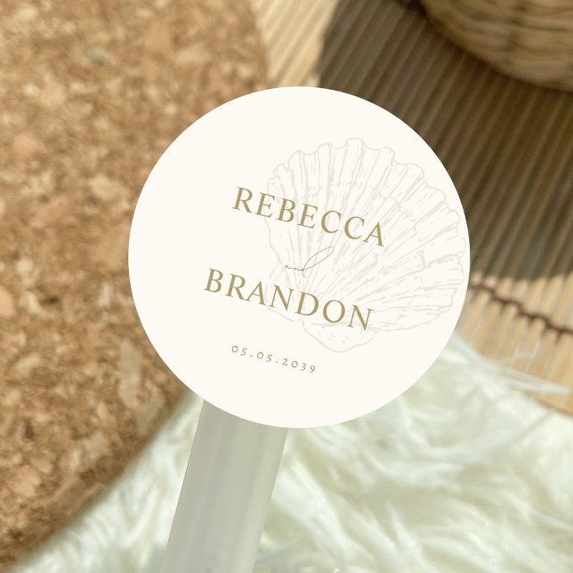 Ivory & Gold Hand Drawn Seashell Wedding Favor Classic Round Sticker (Creator Uploaded)