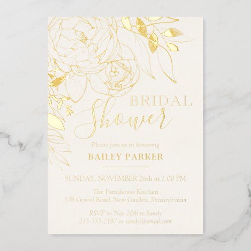 Ivory  Gold Modern Floral Peony Bridal Shower Foil Invitation
