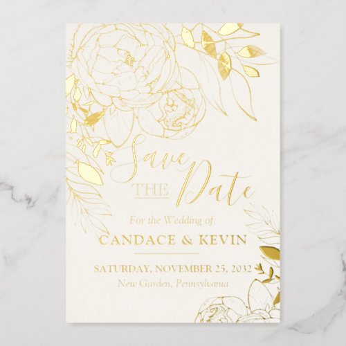 Ivory  Gold Modern Floral Peony Save the Date Foil Invitation