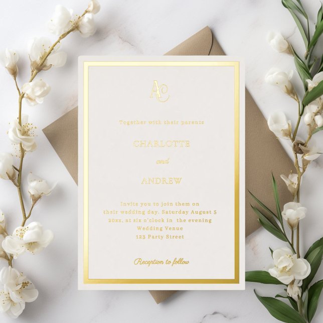Ivory gold modern monogram luxury wedding foil invitation (Creator Uploaded)