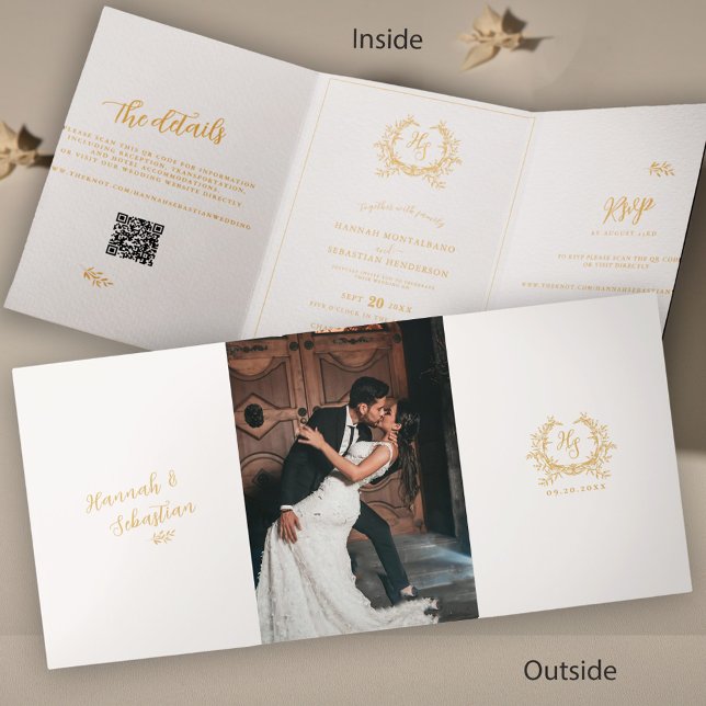 Ivory Gold Monogram Photo QR | RSVP | Details Tri-Fold Card (Creator Uploaded)