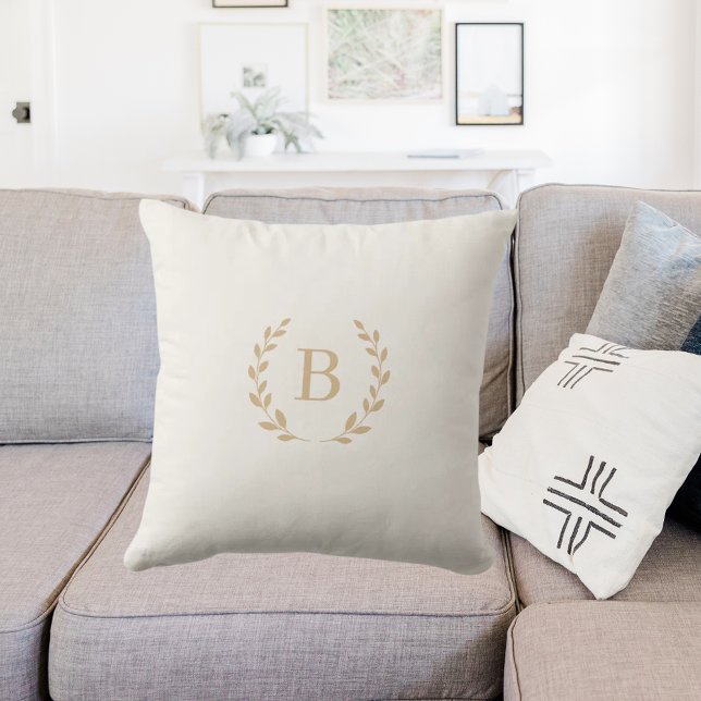 Ivory gold monogrammed wreath elegant throw pillow (Creator Uploaded)