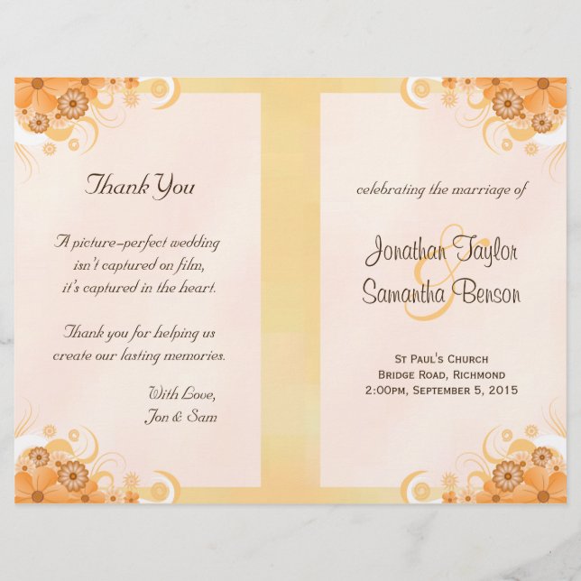 Ivory Gold Peach Floral Bi-Fold Wedding Programs (Front)