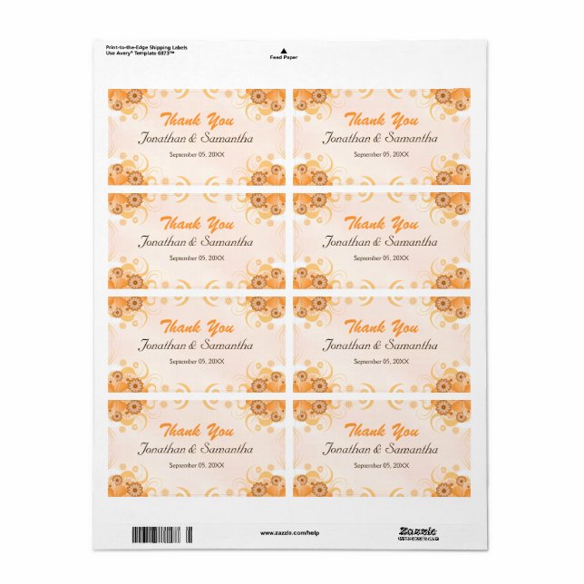 Ivory Gold Peach Floral Large Wedding Thank You Label (Full Sheet)